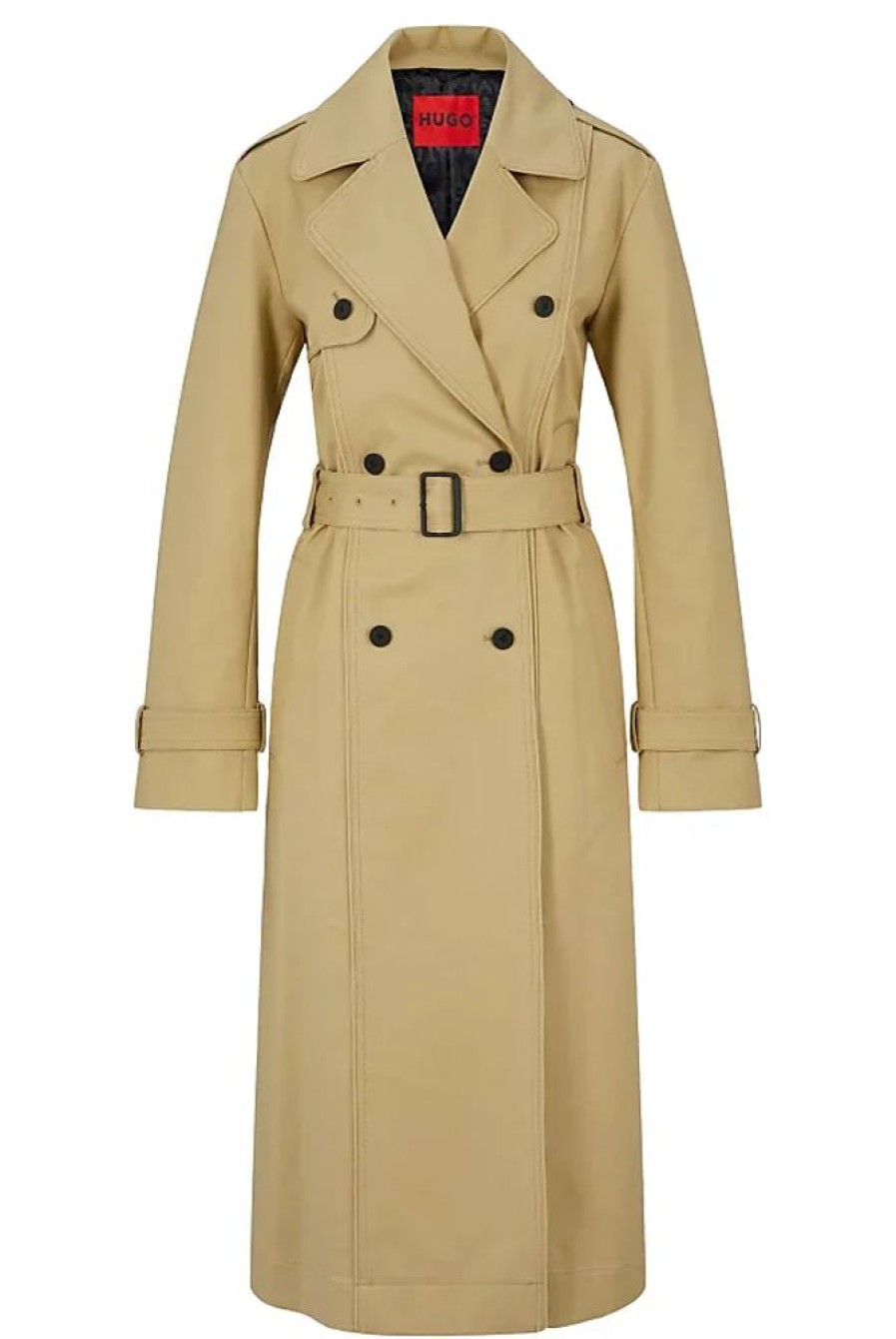 Frauen HUGO BOSS Mantel | Damen Mesendi-2 Wasserabweisender Trenchcoat Aus Elastischer Baumwoll-Gabardine Khaki 40