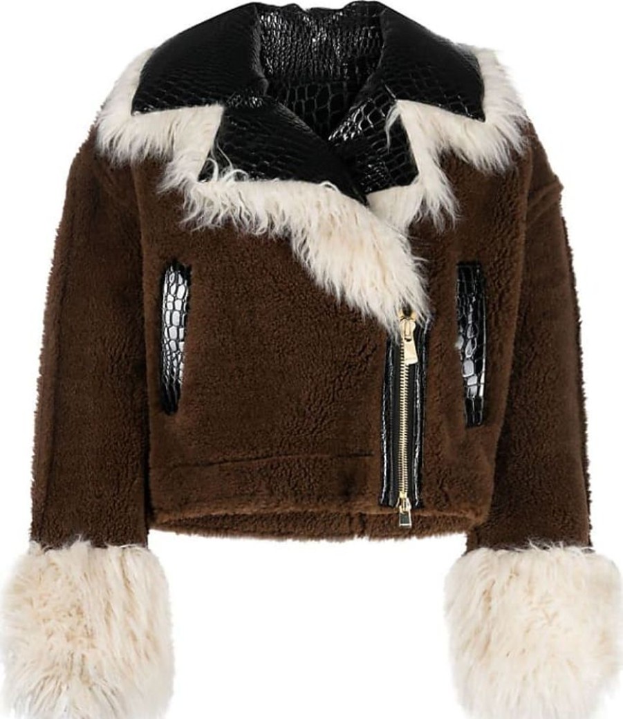 Frauen Pinko Jacken | Cropped-Jacke Aus Faux Shearling - Braun