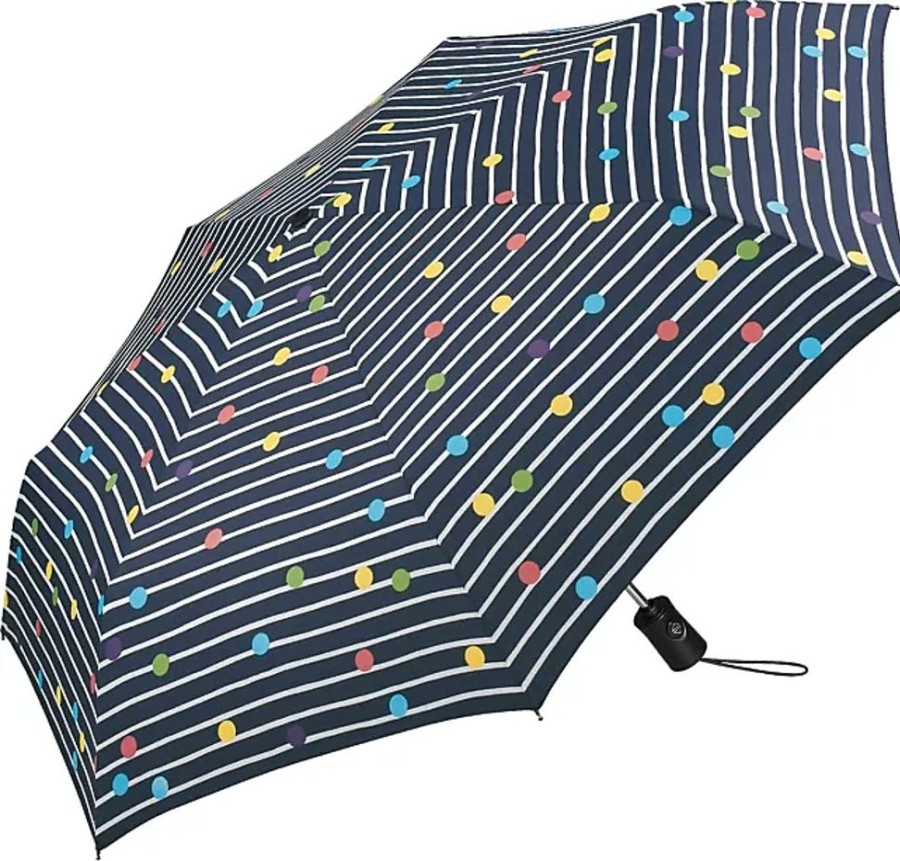 Frauen Happy Rain Regenschirme | Regenschirm Bikini Dots & Stripes Navy Blau - Taschenschirm Auf-Zu-Automatik