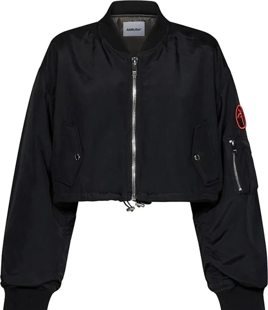 Frauen AMBUSH Jacken | Schwarze Nylon-Cropped-Bomberjacke Mit Logo-Stickerei Ambush