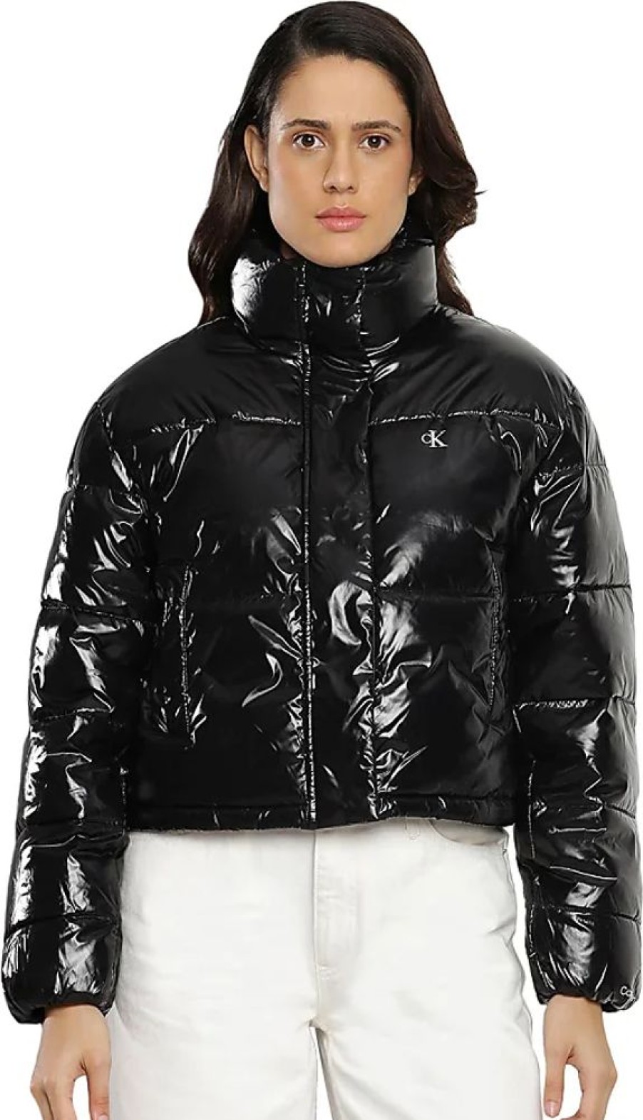 Frauen Calvin Klein Jeans Jacken | Damen Jacke Cropped Shiny Puffer Winterjacke, Schwarz (Ck Black), Xxs