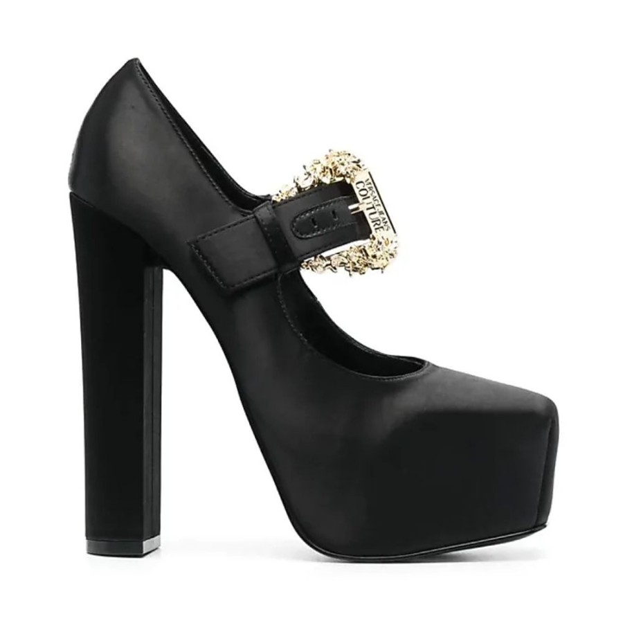 Frauen Versace Jeans Couture Pumps | Schwarze Satin-Plateau-Pumps Mit Barock-Schnalle Versace Jeans Couture