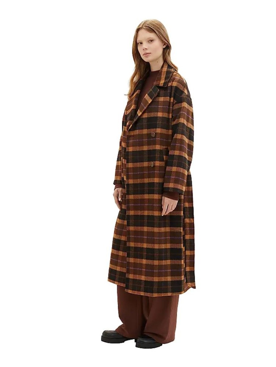 Frauen Tom Tailor Mantel | Damen 1037587 Oversized Mantel Mit Bindegurtel & Karomuster, 33771-Brown Check, Xl