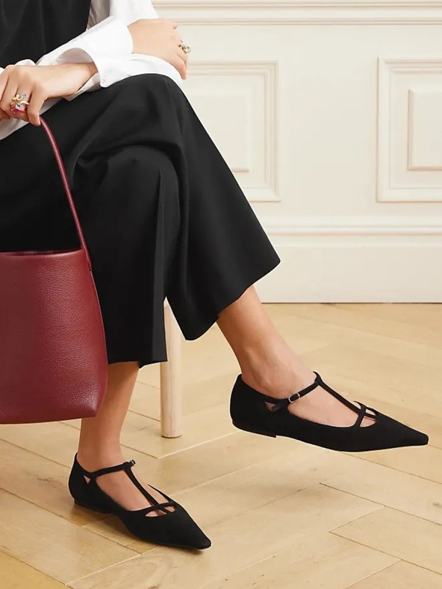 Frauen The Row Ballerinas | Cyd Flache Schuhe Mit Spitzer Kappe Aus Veloursleder - Schwarz