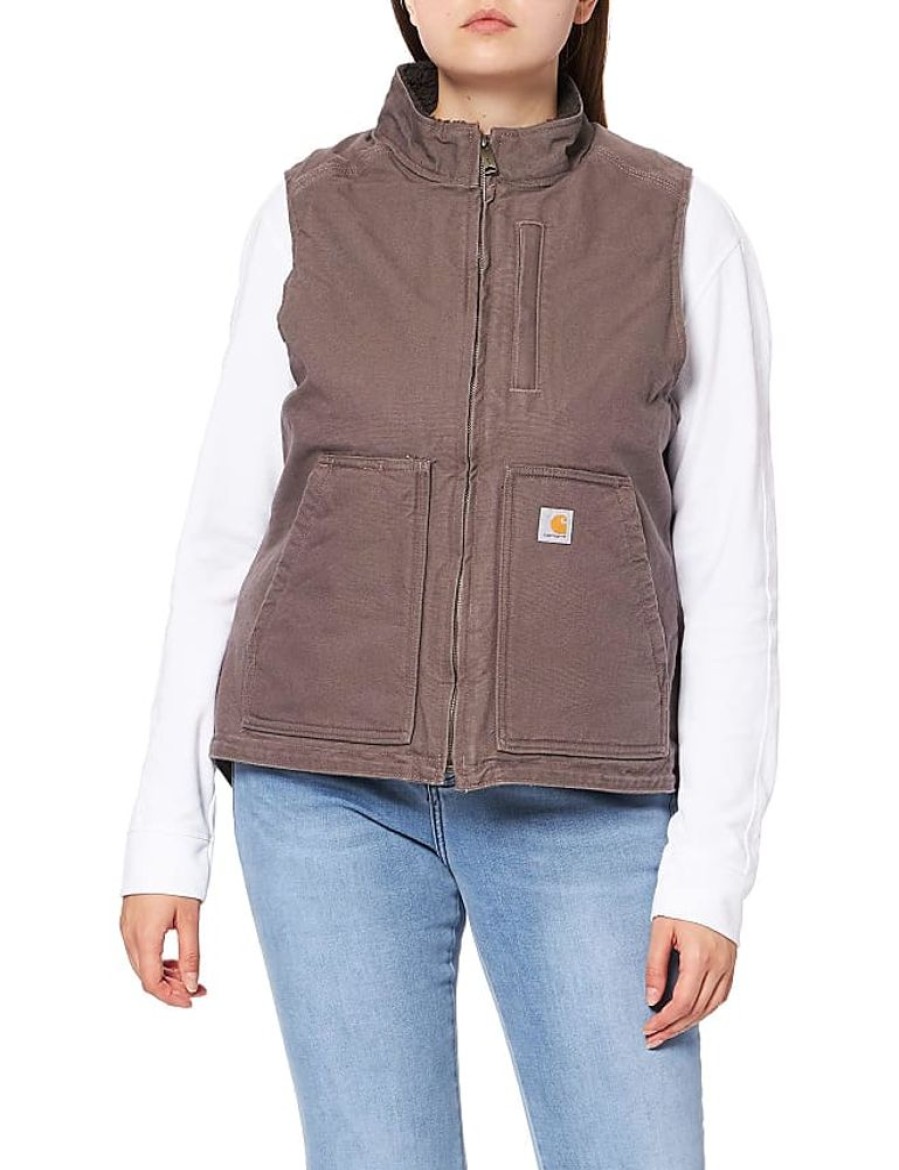 Frauen Carhartt Work in Progress Westen | Womens Size Loose Fit Washed Duck Sherpa-Lined Mock Vest, Taupe Gray, 3X Plus