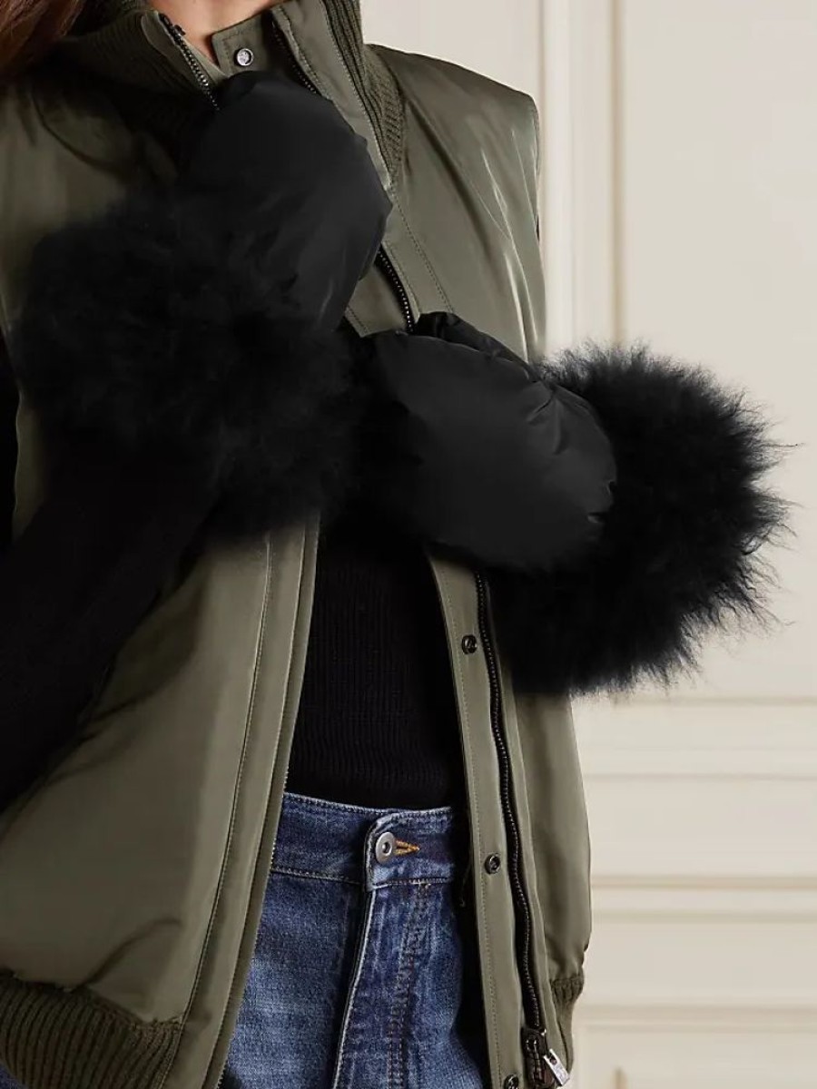 Frauen Yves Salomon Handschuhe | Faustlinge Aus Shell Mit Wattierung Und Shearling-Besatzen - Schwarz