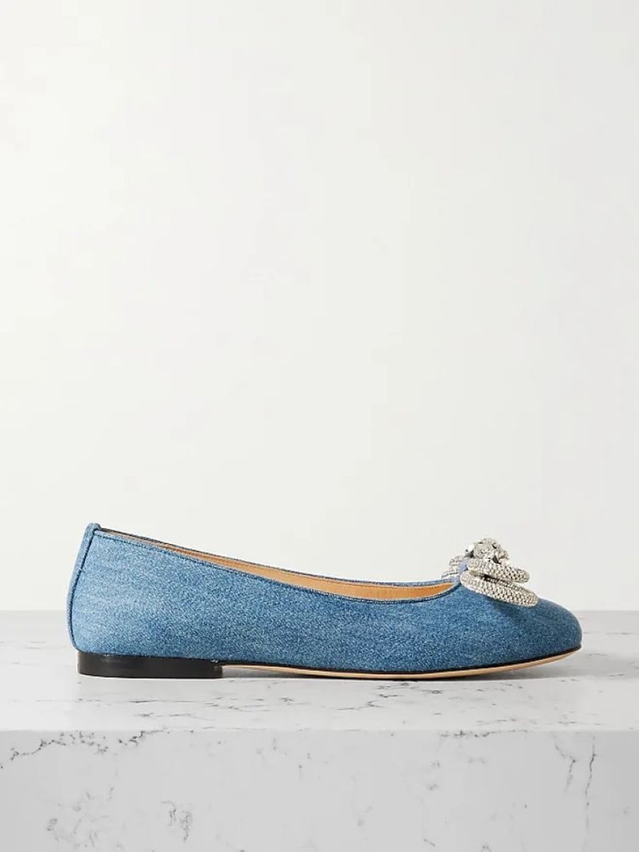 Frauen Mach & Mach Ballerinas | Double Bow Ballerinas Aus Denim Mit Kristallen - Blau