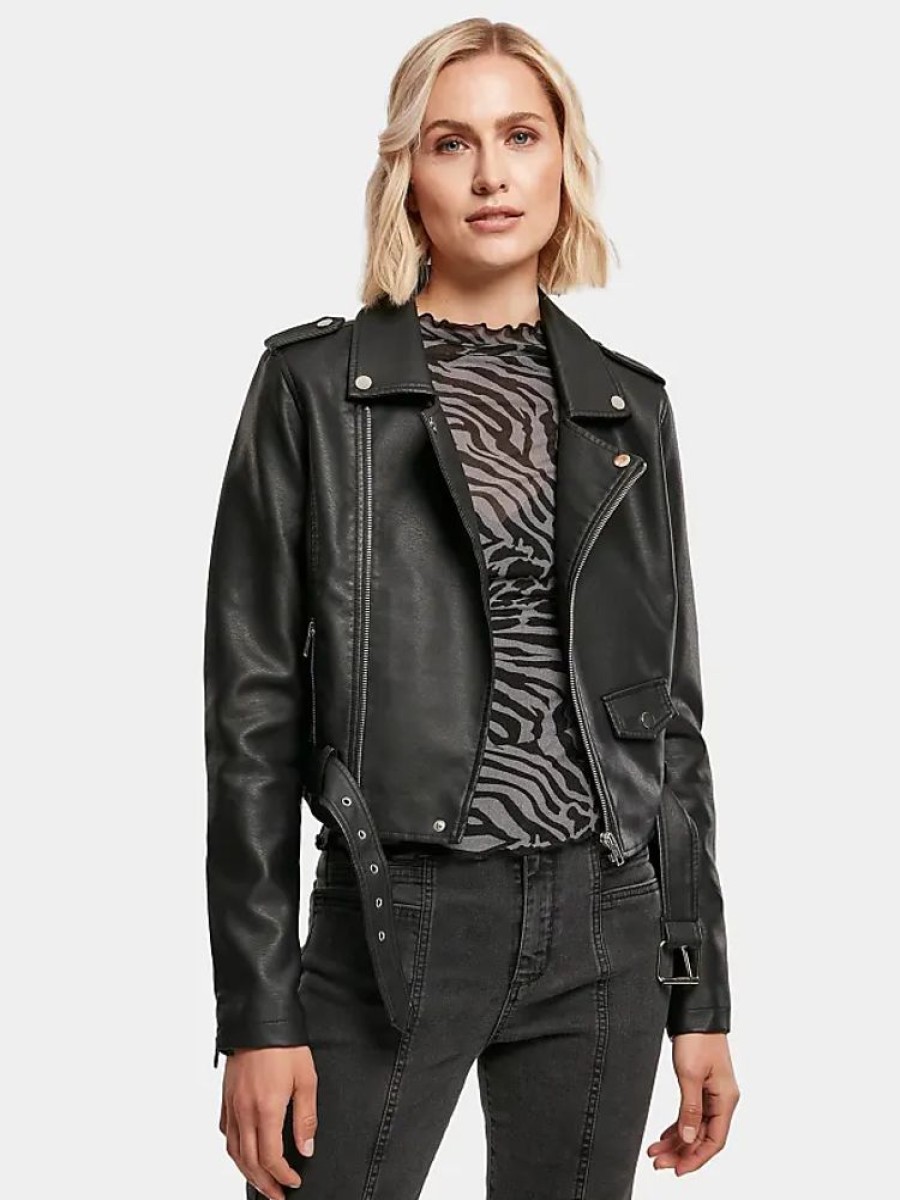 Frauen Urban Classics Jacken | Ladies Synthetic Leather Belt Biker Jacket In Schwarz