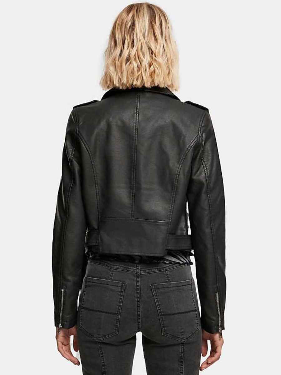 Frauen Urban Classics Jacken | Ladies Synthetic Leather Belt Biker Jacket In Schwarz