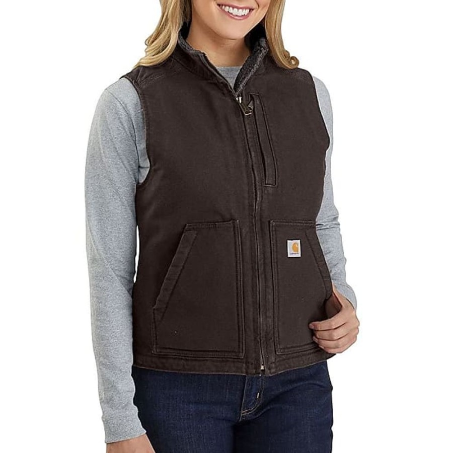 Frauen Carhartt Work in Progress Westen | Womens Size Loose Fit Washed Duck Sherpa-Lined Mock Vest, Dark Brown, 1X Plus