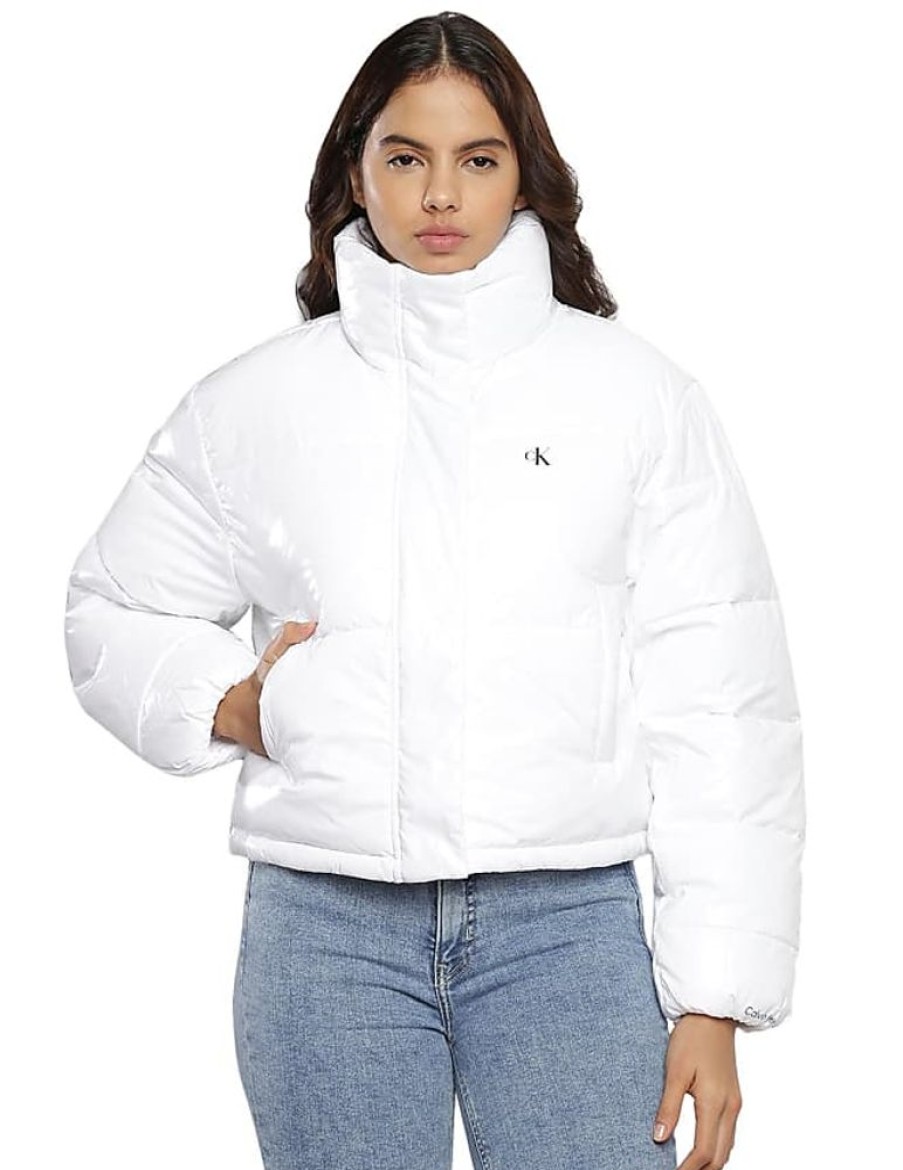 Frauen Calvin Klein Jeans Jacken | Damen Jacke Cropped Shiny Puffer Winterjacke, Weis (Bright White), 3Xl