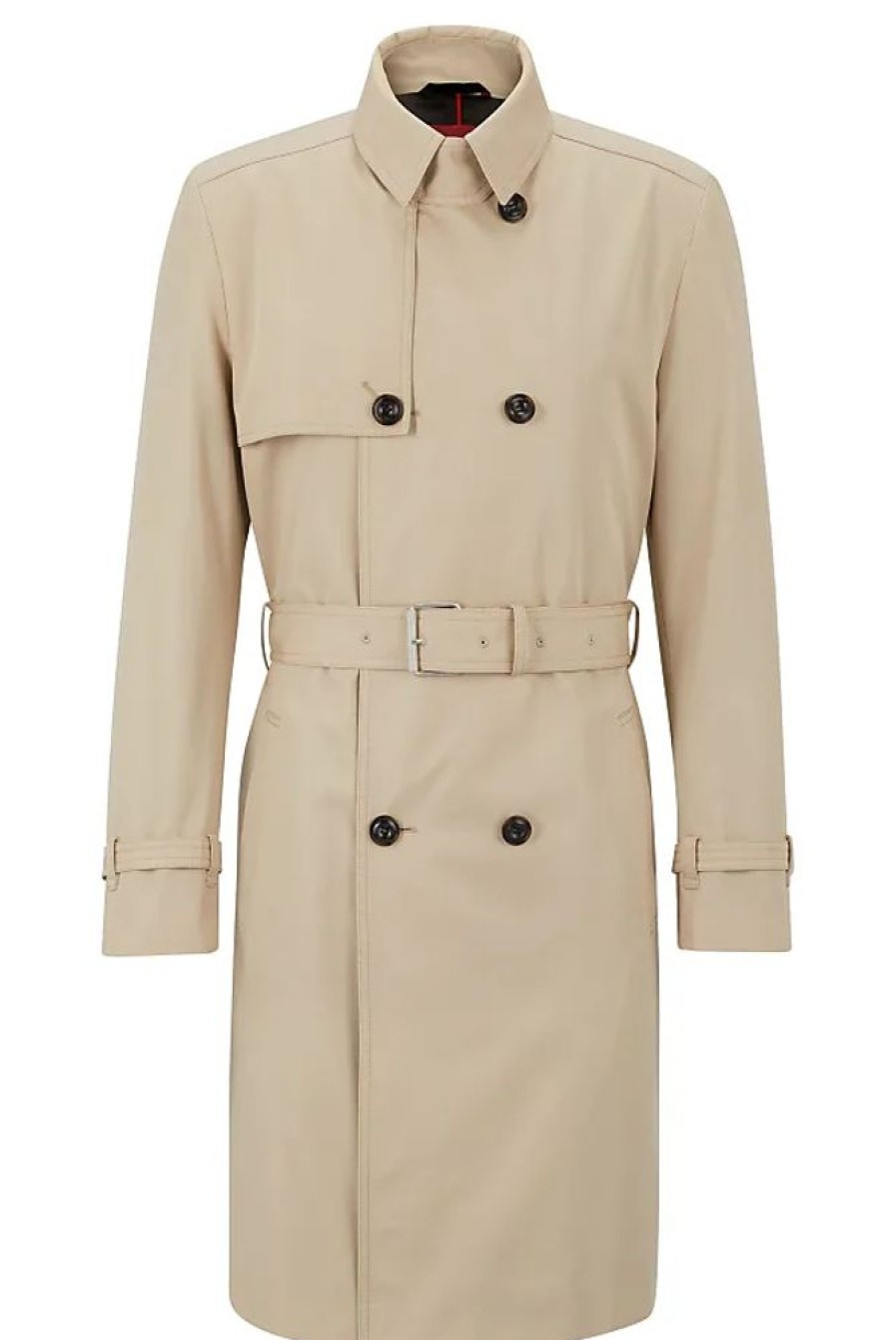 Frauen HUGO BOSS Mantel | Herren Maluks2321 Wasserabweisender Trenchcoat Mit Zweireihiger Knopfleiste Hellbeige 52